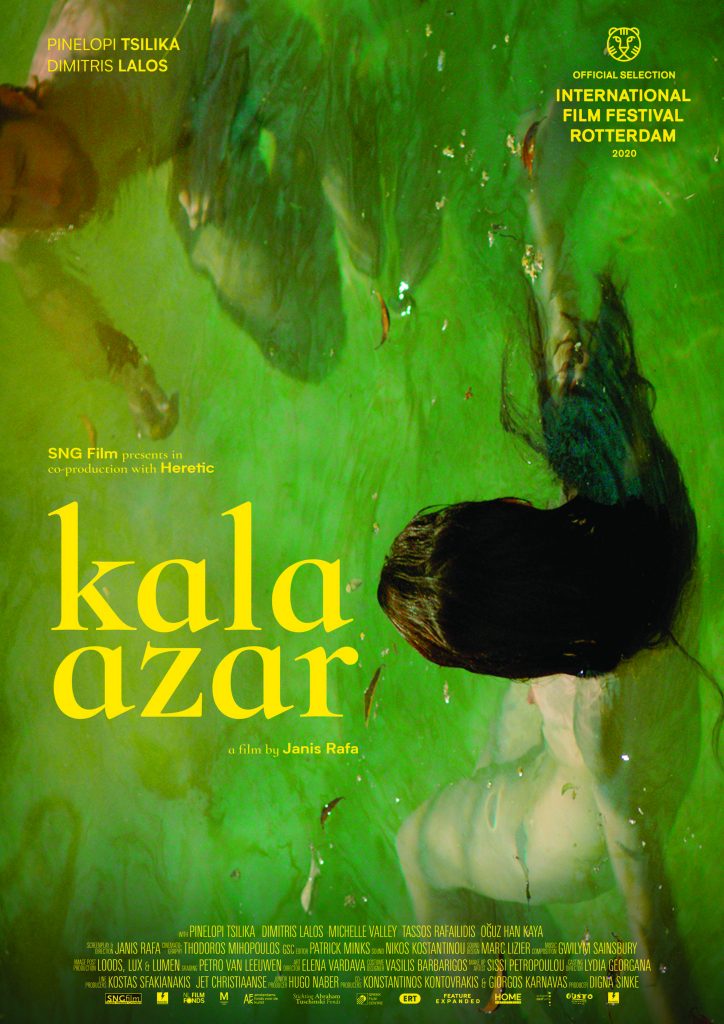 Cover image for the film Kala Azar - green coloured background in a paint stroke pattern depicting water with an undressed light-skinned woman with long dark hair swimming backwards while a ginger-haired light-skinned man with a beard swims towards her.