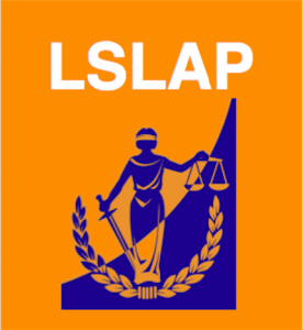 LSLAP logo containing a feminine figure in a long toga-like dress holding a balance of scales in one hand and a sword in the other. She is standing feet together and pointed outwards from each other, under which a laurel is centered. The upper left diagonal half has the orange background with the components of the logo in royal blue, of which the other diagonal half is reversed in colour.