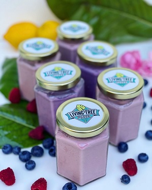 Photo of Living Tree Food's yogurt in glass jars with a background of green leaves, lemons, blueberries, and raspberries.