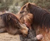 a picture of ren hurst, a white woman with short blonde hair standing in between two horses with brown fur