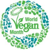 The words "World Vegan Month" surrounded by images of food into a circular shape
