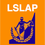 LSLAP logo containing a feminine figure in a long toga-like dress holding a balance of scales in one hand and a sword in the other. She is standing feet together and pointed outwards from each other, under which a laurel is centered. The upper left diagonal half has the orange background with the components of the logo in royal blue, of which the other diagonal half is reversed in colour.
